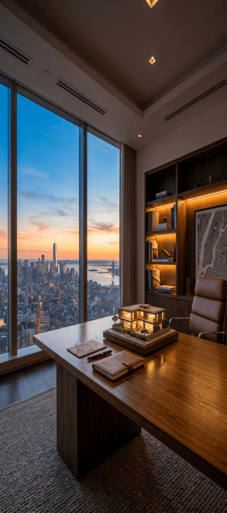 Mesa de escritório com maquete de empreendimento de alto padrão e vista para cidade ao pôr do sol
